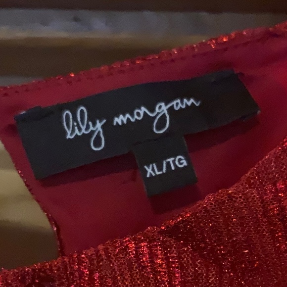 Lily Morgan red shimmer/sparkle party blouse / sheer arms/shoulders XL - Picture 2 of 4